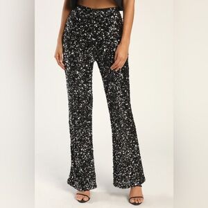 Glamorous Allure Black and Silver Sequin Sequin Flare Pants
